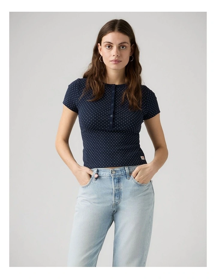 Dry Goods Pointelle Short-Sleeve Henley in Sonja Dot Navy Blazer image 1