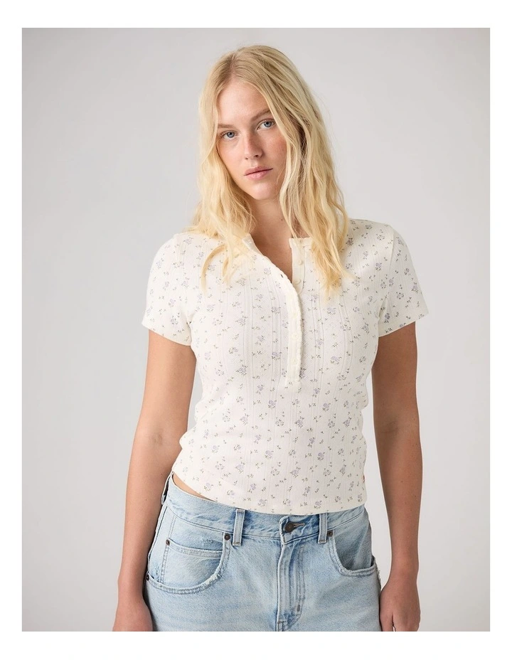 Dry Goods Pointelle Short-Sleeve Henley in Isabel Floral Egret image 1