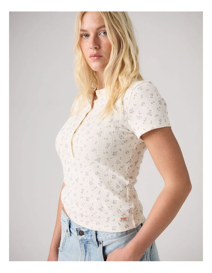 Dry Goods Pointelle Short-Sleeve Henley in Isabel Floral Egret image 3