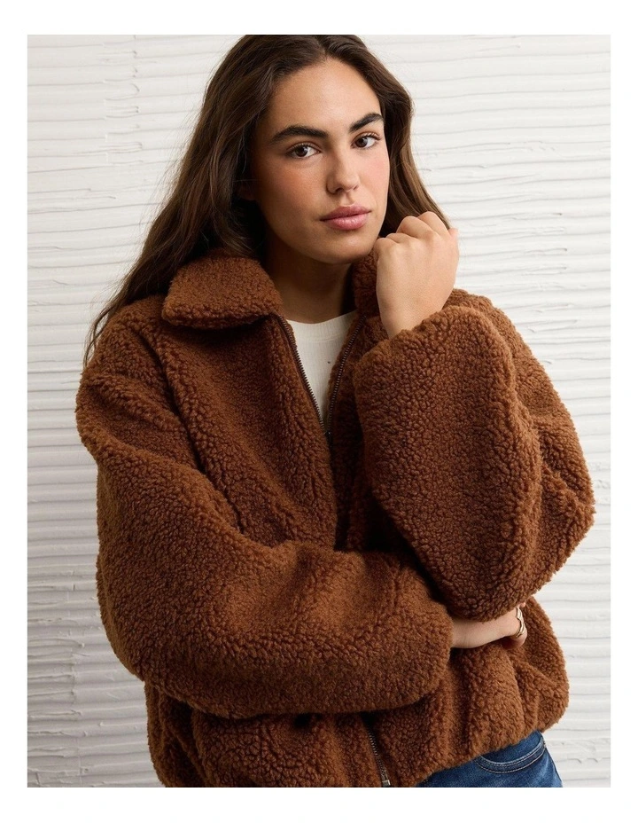 Sherpa Bubble Bomber Jacket in Brown image 1