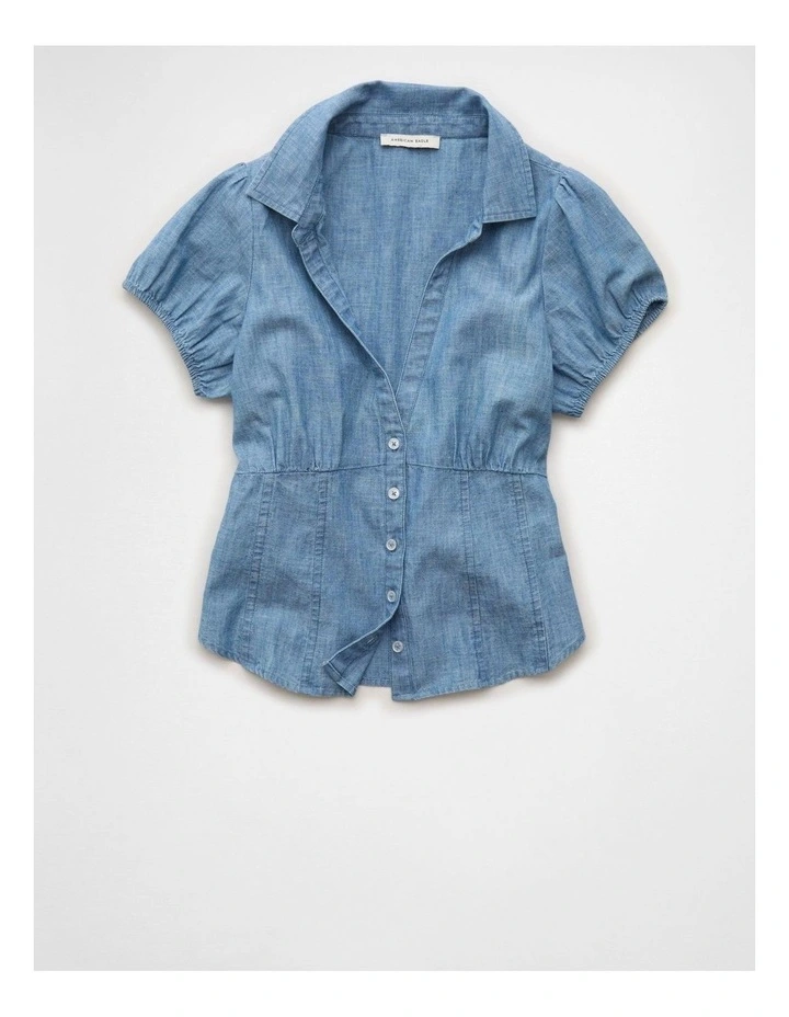 Short-Sleeve Button-Up Shirt in Medium Wash image 3