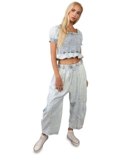 Puffed Sleeve Smock Top in Light Wash