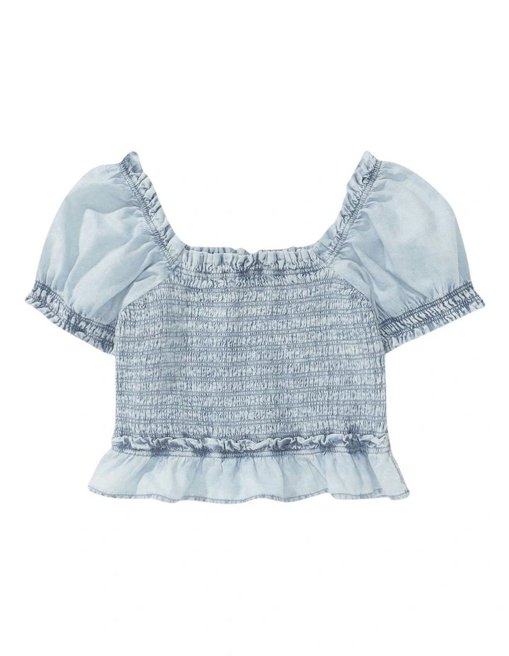 Puffed Sleeve Smock Top in Light Wash image 3