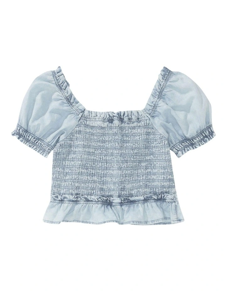 Puffed Sleeve Smock Top in Light Wash image 4
