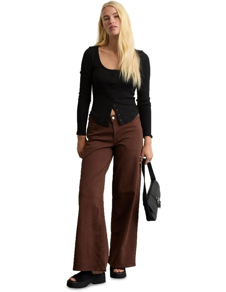 Long Sleeve Waffle Henley Top in True Black image 1