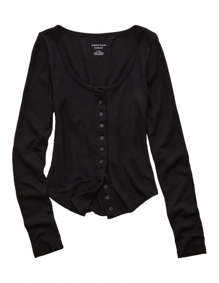 Long Sleeve Waffle Henley Top in True Black image 3