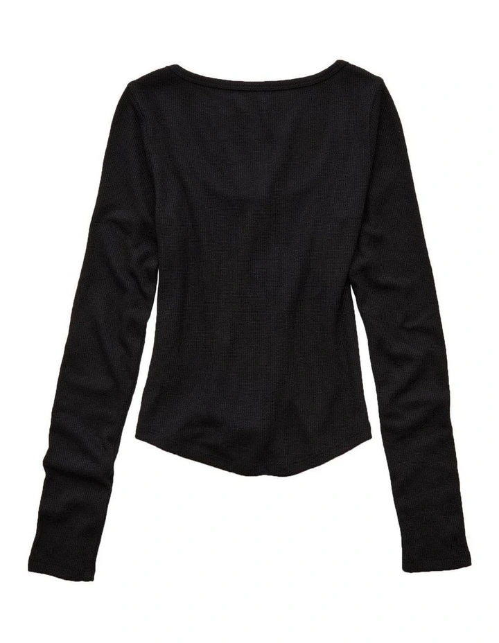 Long Sleeve Waffle Henley Top in True Black image 4