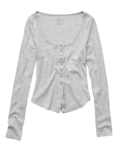 Long Sleeve Waffle Henley T-shirt in Heather Gray