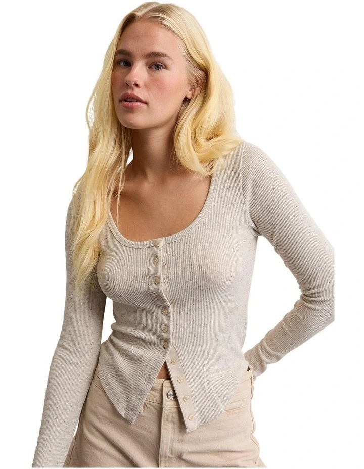 Long Sleeve Waffle Henley Top in Soft Oat image 1