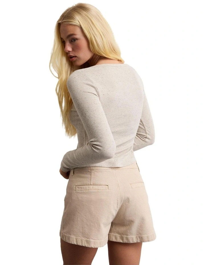 Long Sleeve Waffle Henley Top in Soft Oat image 2