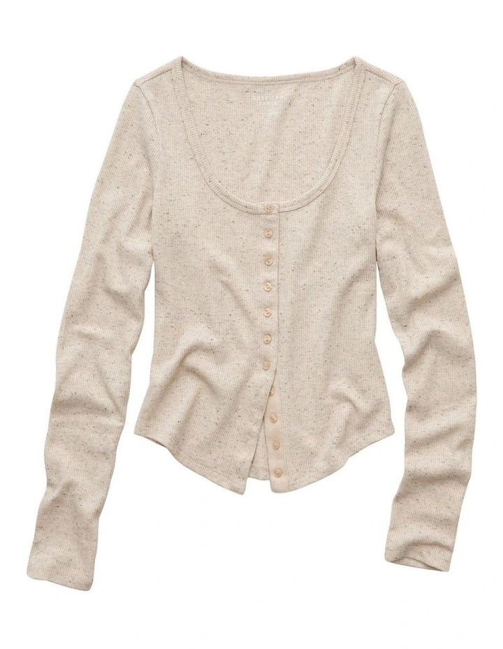Long Sleeve Waffle Henley Top in Soft Oat image 3