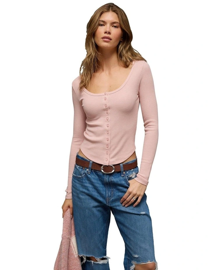 Long Sleeve Waffle Henley T-Shirt in Light Pink image 1