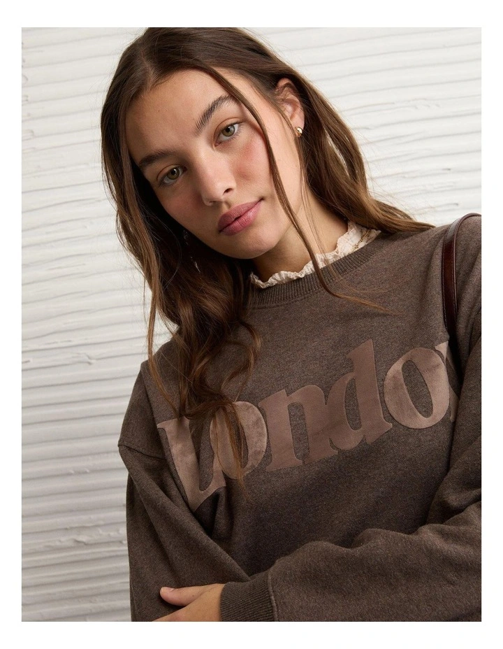 London Velvet Graphic Crew Neck Sweatshirt in Coffee image 1