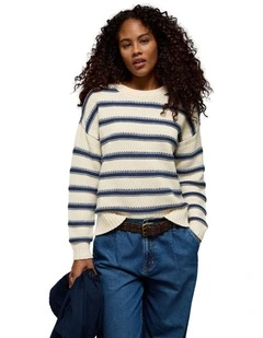 Striped Crew Neck Sweater in Cream