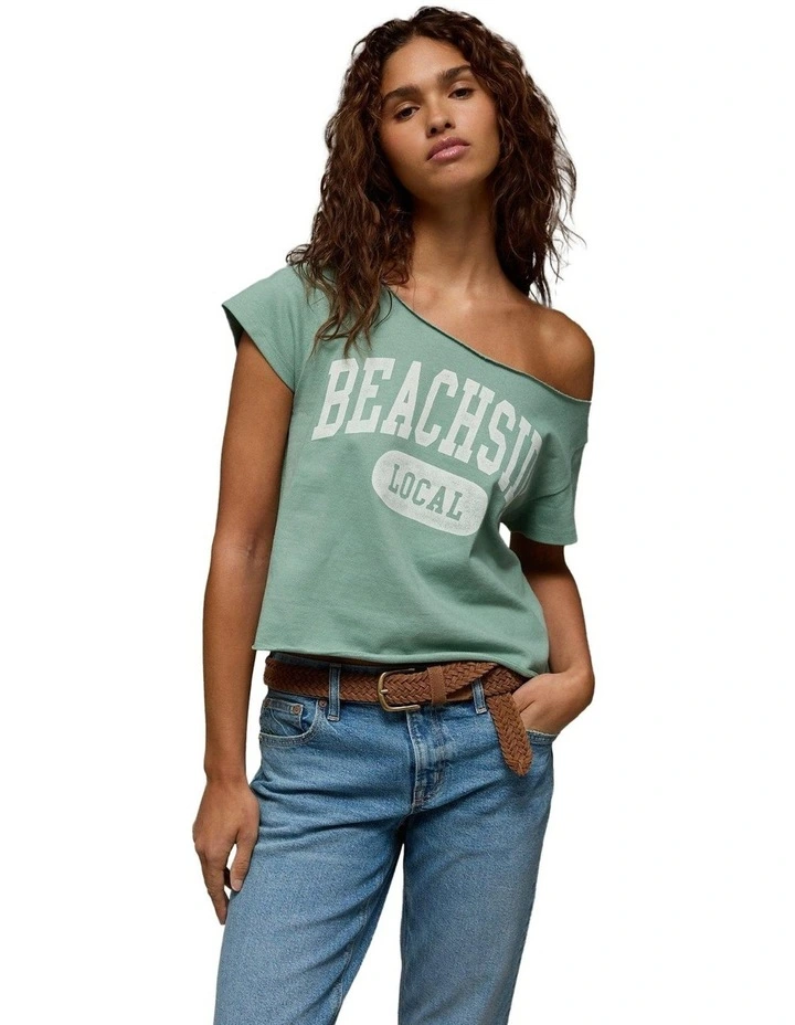 Off The Shoulder Graphic T-shirt in Dried Sage image 1