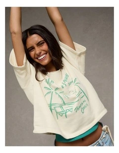 Off-the-Shoulder Short-Sleeve Sweatshirt in Cream