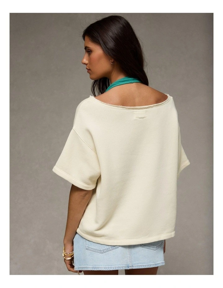 Off-the-Shoulder Short-Sleeve Sweatshirt in Cream image 2