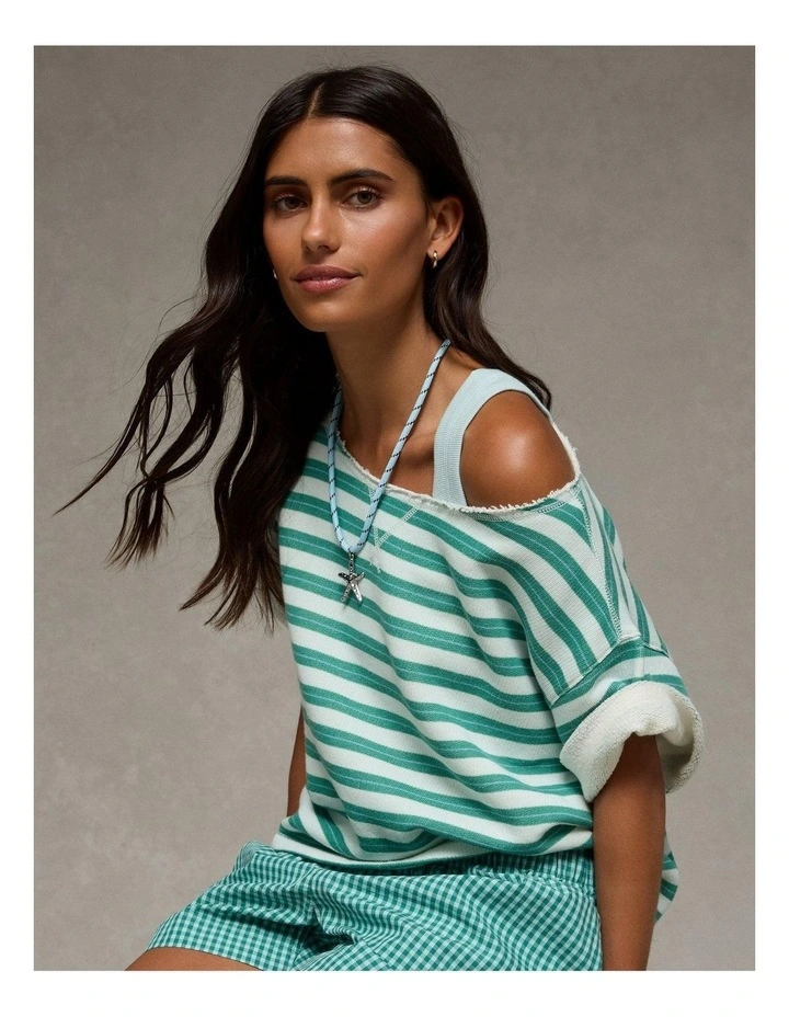 Off-the-Shoulder Short-Sleeve Sweatshirt in Green image 1