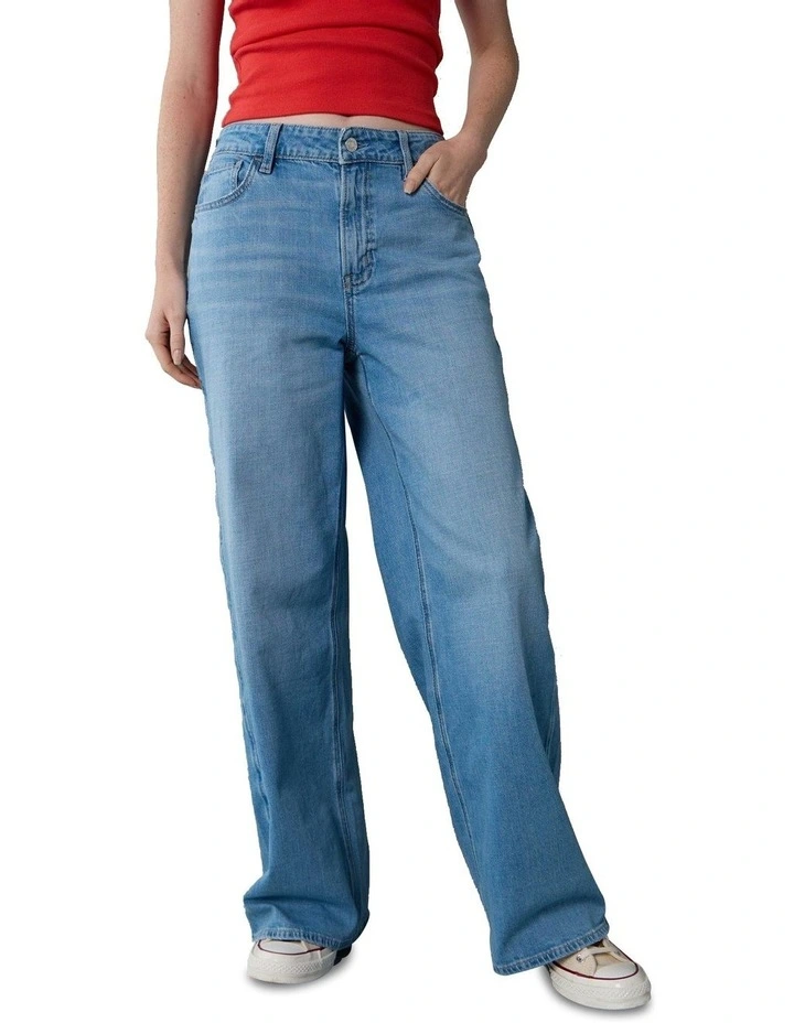 Dreamy Drapey Stretch Super High-Waisted Baggy Wide-Leg Jeans in Moon Stone Light image 1