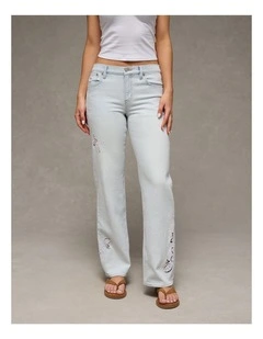 Stretch High-Waisted Embroidered Floral Stovepipe Jeans in Medium Wash