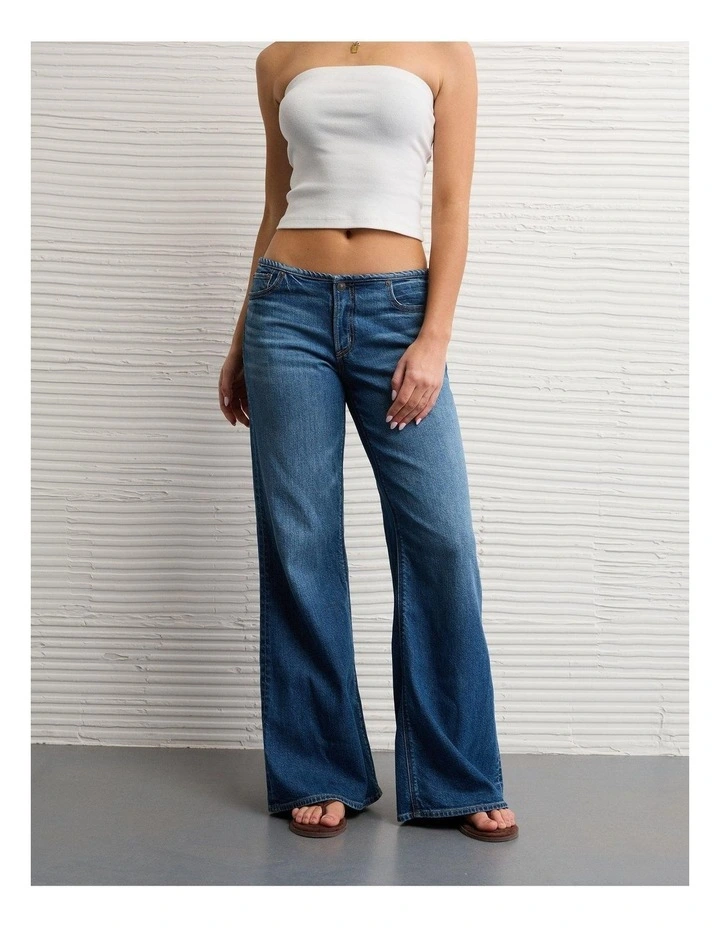 Dreamy Drape Stretch Super Low-Rise Baggy Flare Jeans in Medium Wash image 1