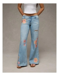 Dreamy Drape Stretch Super Low-Rise Baggy Flare Jeans in Blue