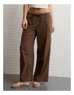 Stretch Low-Rise Linen-Blend Pull-On Pant in Brown