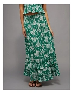 Mid-Rise Tiered Ruffle Maxi Skirt in Gatsby Green