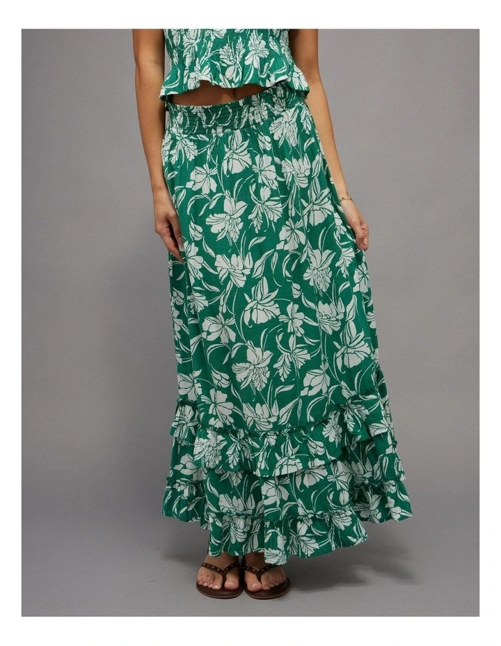 Mid-Rise Tiered Ruffle Maxi Skirt in Gatsby Green image 1
