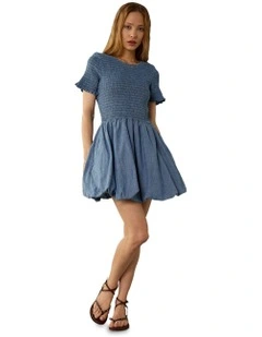 Smocked Denim Bubble Dress in Blue