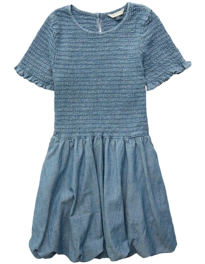 Smocked Denim Bubble Dress in Blue image 3