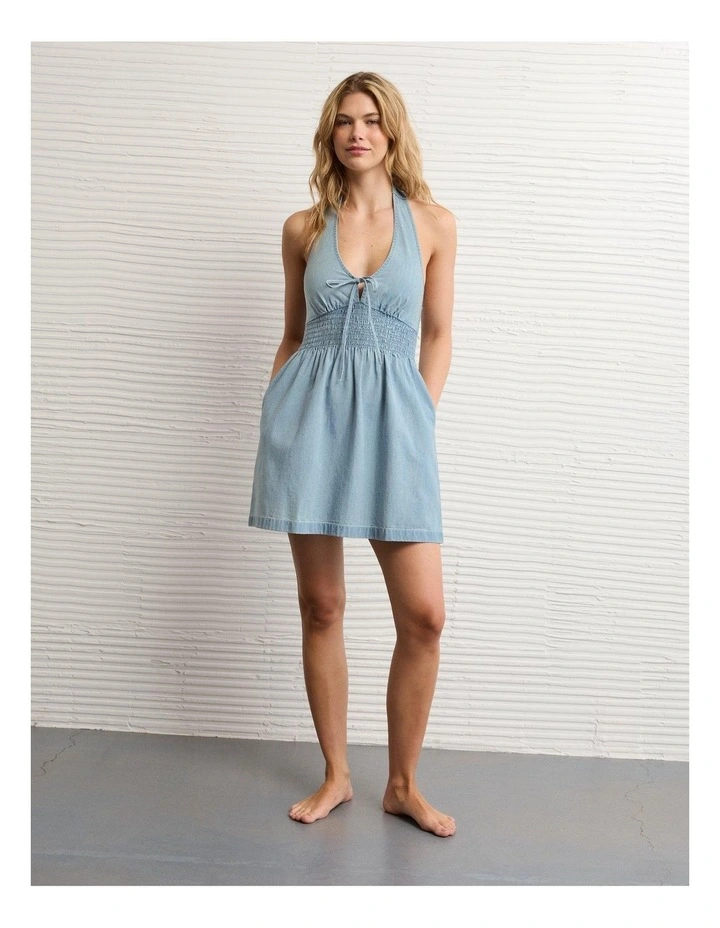 Halter Keyhole Mini Dress in Light Wash image 1