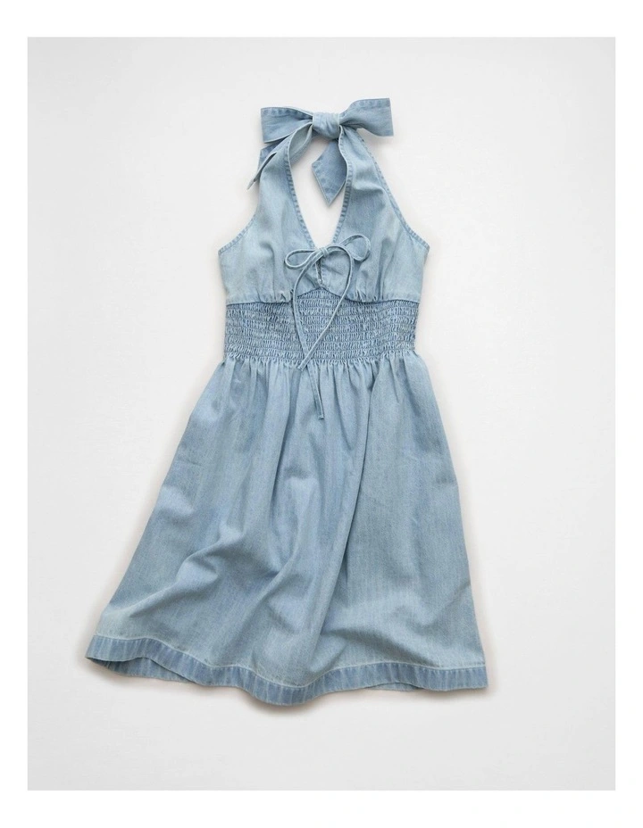 Halter Keyhole Mini Dress in Light Wash image 3