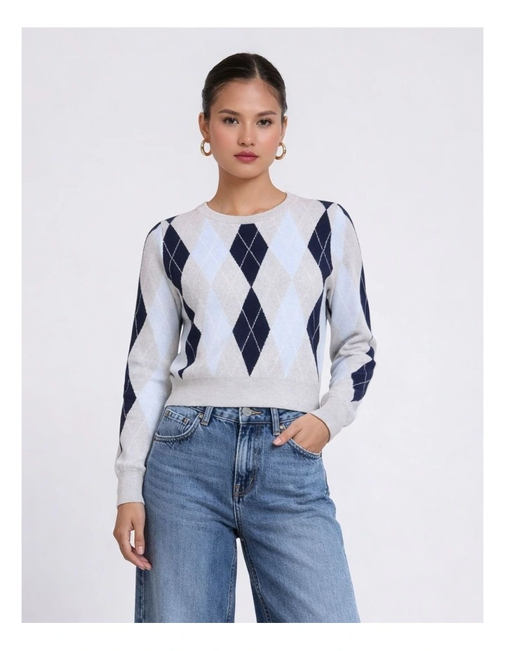 Libi Long Sleeve Fitted Knit in Grey Check image 1