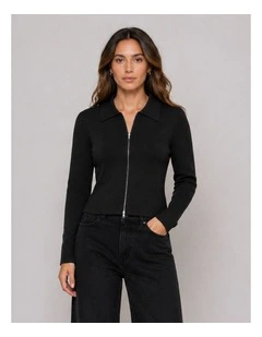 Andrea Zip Polo Cardigan in Black