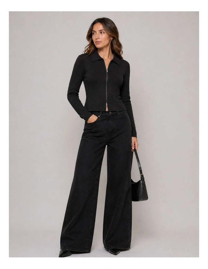 Andrea Zip Polo Cardigan in Black image 2