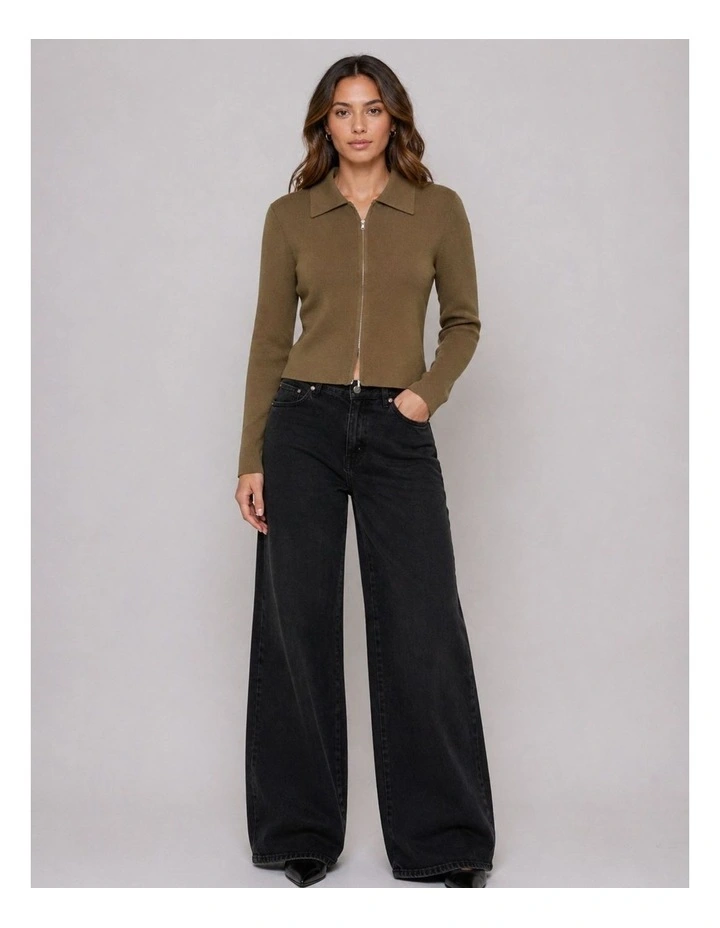 Andrea Zip Polo Cardigan in Olive image 1