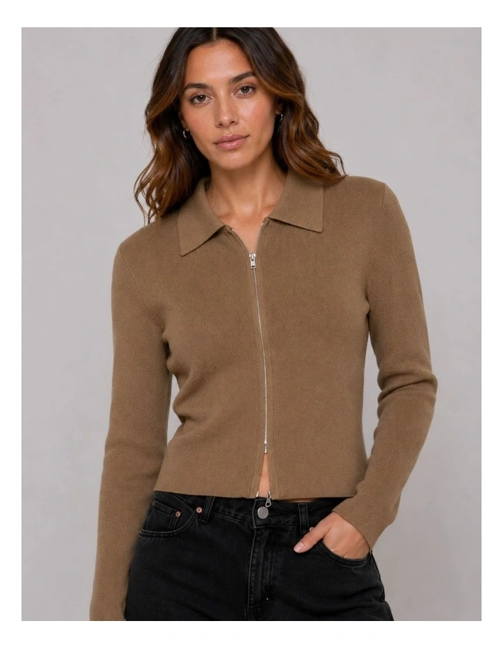 Andrea Zip Polo Cardigan in Brown image 2