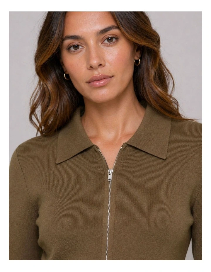 Andrea Zip Polo Cardigan in Olive image 2