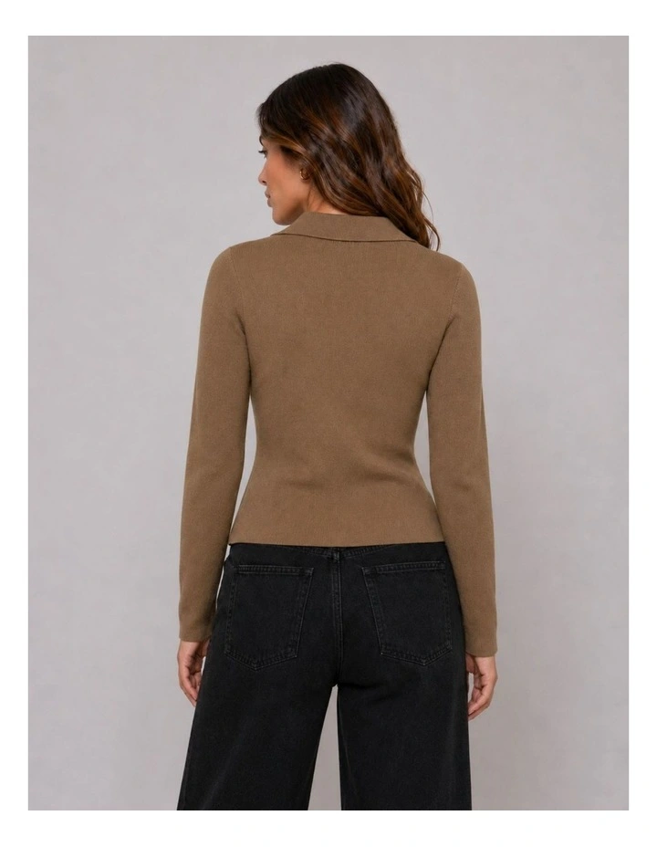Andrea Zip Polo Cardigan in Brown image 3