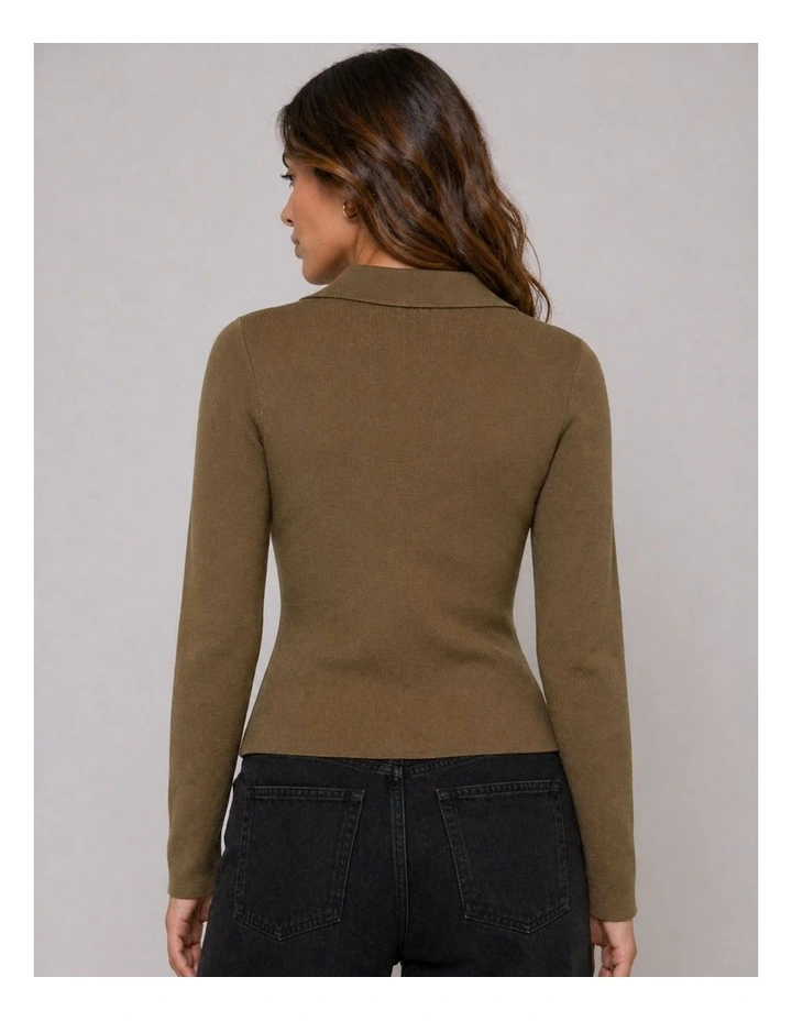 Andrea Zip Polo Cardigan in Olive image 3