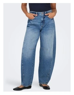 Horseshoe Mid Waist Barrel Jeans in Mid Blue