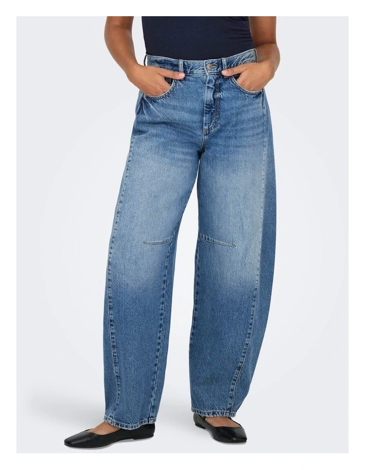 Horseshoe Mid Waist Barrel Jeans in Mid Blue image 1