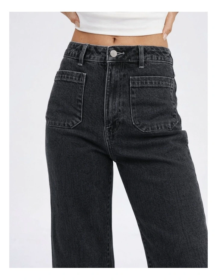 Victoria High Waisted Pocket Flared Denim Jeans in Washed Black image 2