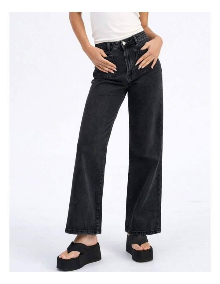 Victoria High Waisted Pocket Flared Denim Jeans in Washed Black image 3