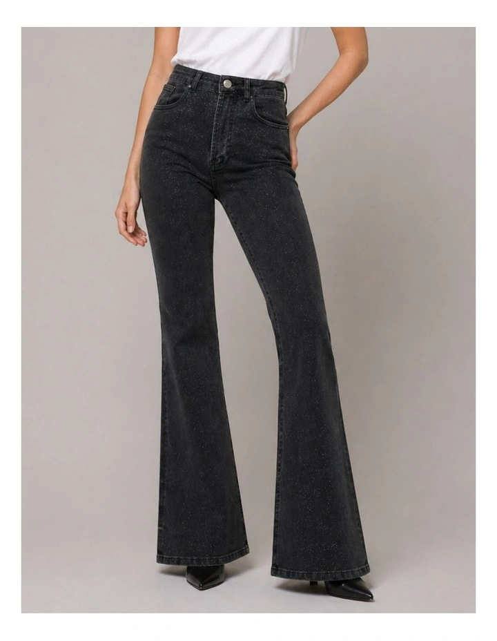 Juicy Glitter High Waisted Flare Denim Jeans in Black image 1