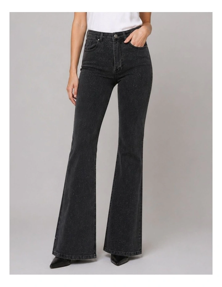 Juicy Glitter High Waisted Flare Denim Jeans in Black image 3