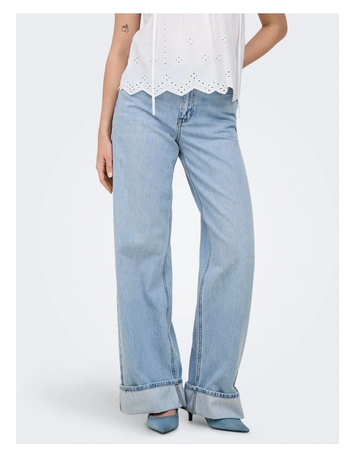 Hope High Waisted Wide Foldup Denim Jeans in Light Blue image 1