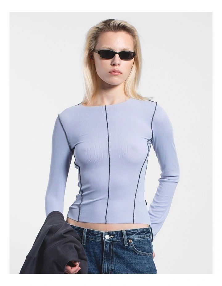 Nicola Long Sleeve Rib Top in Zen Blue Contrast image 7
