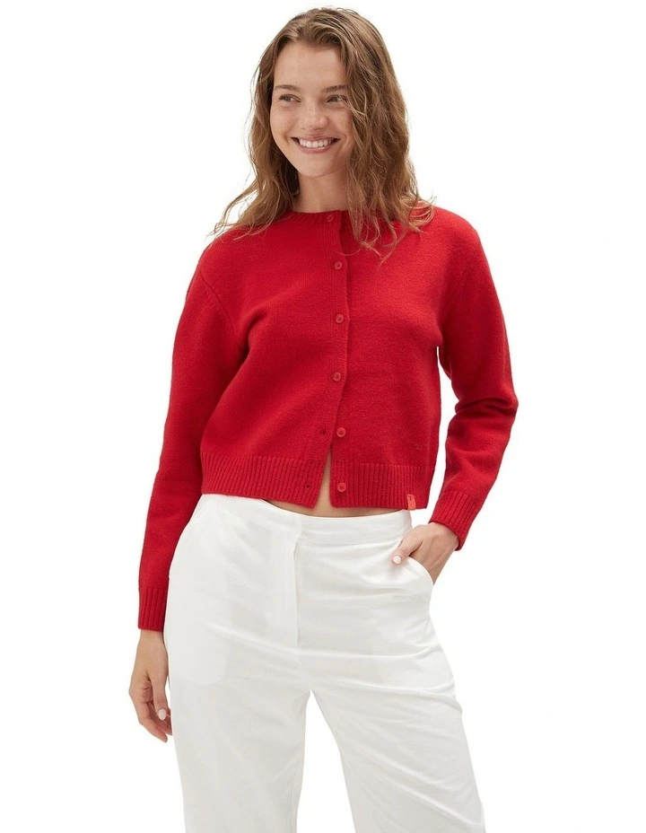 Crew Neck Cardigan in Red image 3